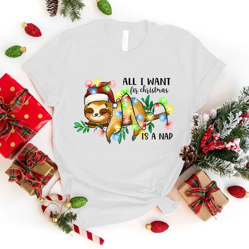 

(Premium T-shirt)Cute Christmas Sloth All I Want For Christmas Is A Nap Printed T-Shirts Women Short Sleeve Funny Round Neck Tee