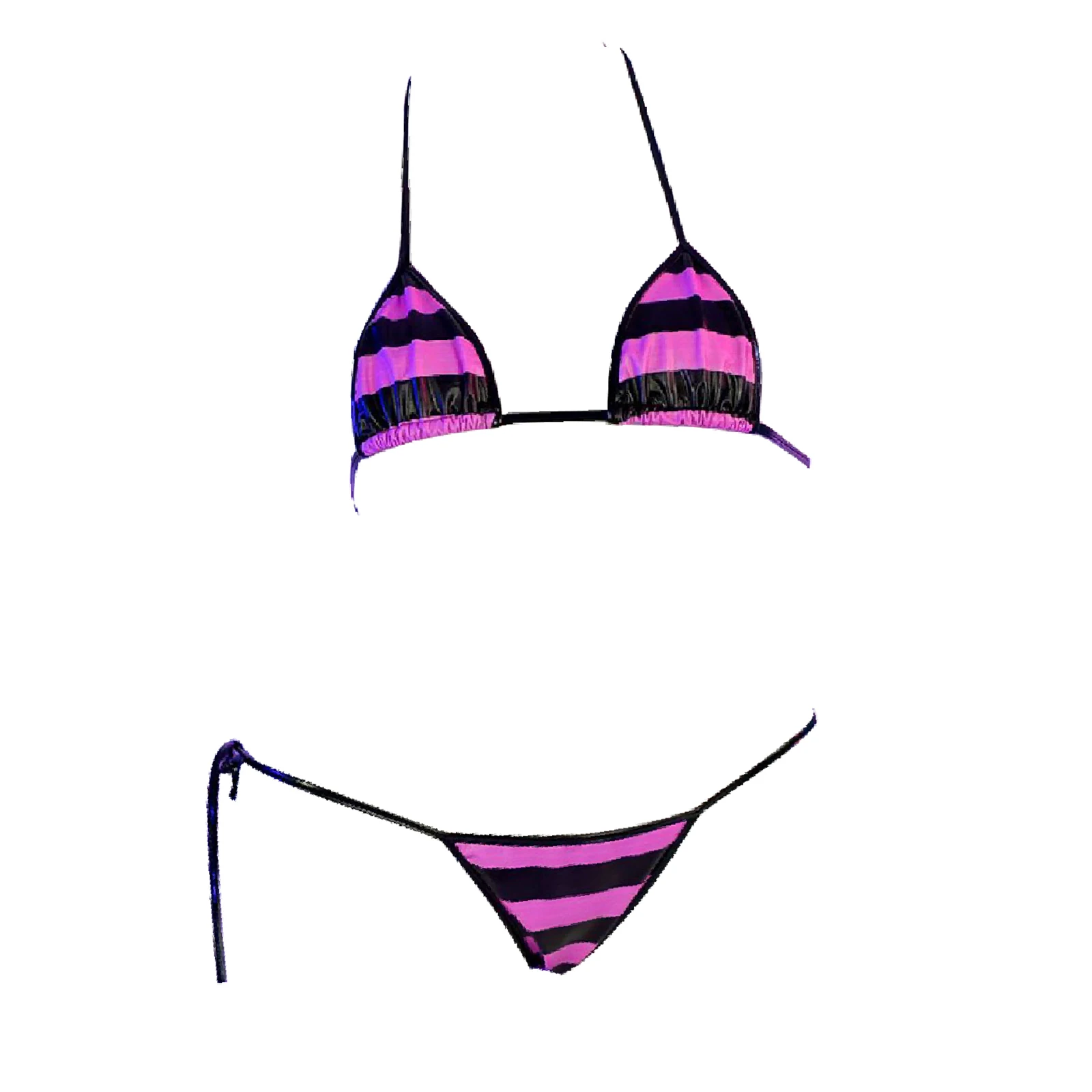 Dames stijlvol gestreept bikinibadpak zonder vulling halter bh-top met T-back slips lakleren lingerieset met veters