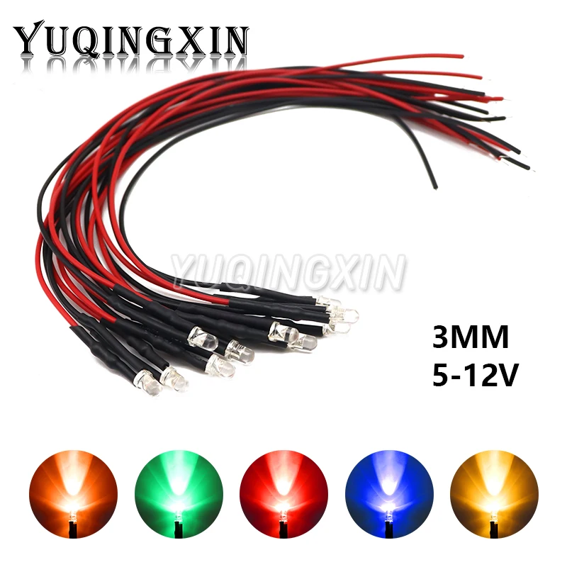 10PCS 3mm LED 5-12V 20cm Pre-wired White Red Green Blue Yellow UV RGB Lamp Decoration Light Emitting Diode Pre-soldered