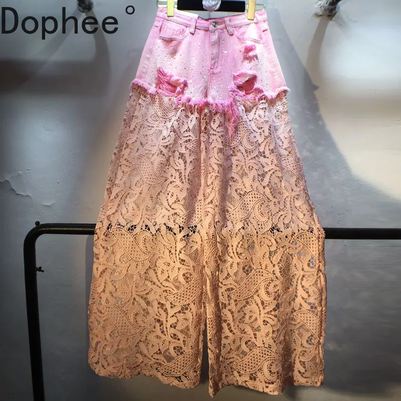 

Streetwear Hot Chick Summer High Waist Denim Trousers Diamonds Beads Elegant Hollow Out Lace Women Wide Leg Straight Pants