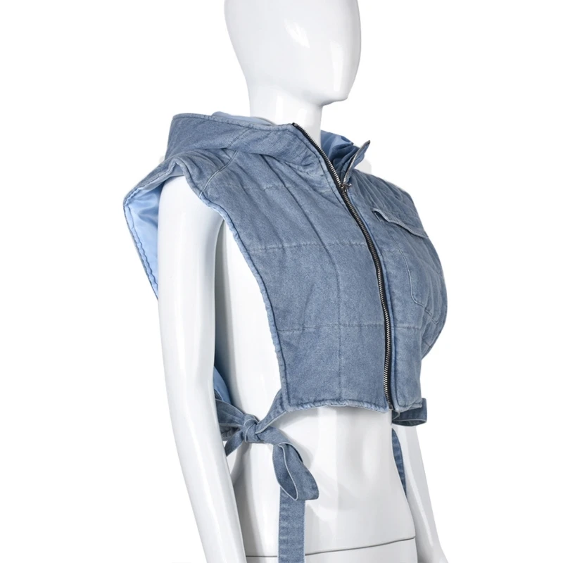 Womens Denim Quilted Cargo Vest Hoodie Jackets Sleeveless Zipper Up Side Hollow Out Bandage Puffer Crop Top Waistcoat