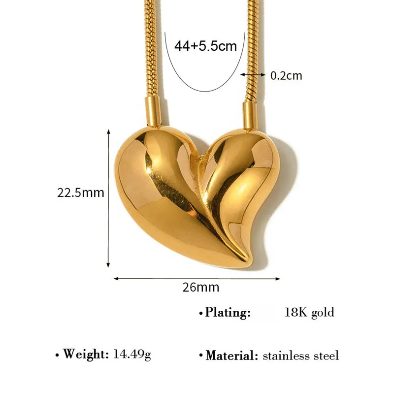 Puck Simple Stainless Steel Heart Pendant Necklace for Women Vintage Snake Chains Chic 18K Gold Plated Waterproof Jewelry