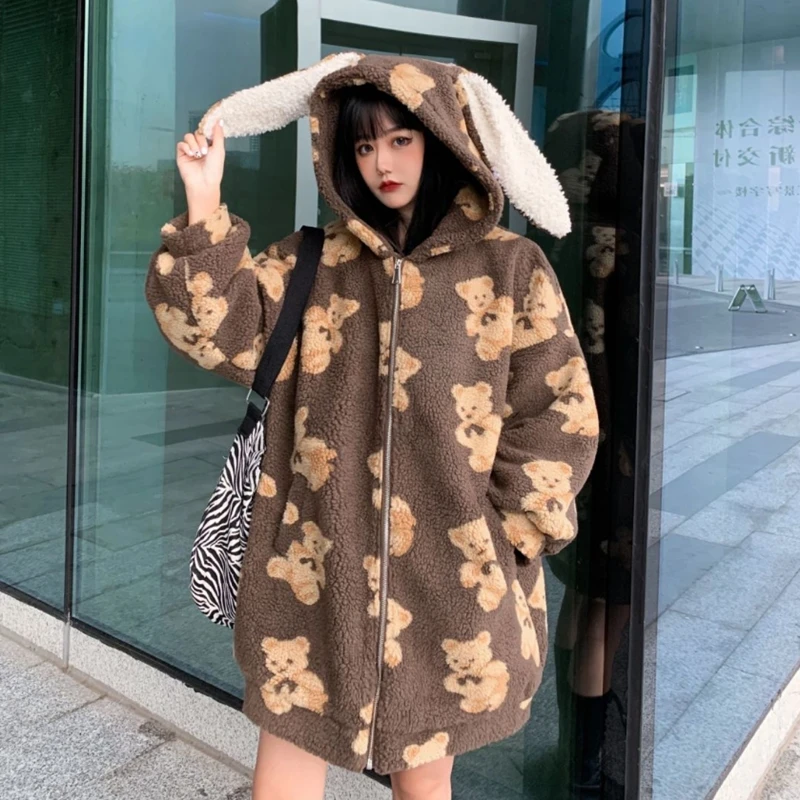 

Bear Printed Faux Lamb Wool Fur Coat Female Winter New Thicken Lovely Kawaii Lolita Student Rabbit Ear Plush Cotton Hooded Hoody