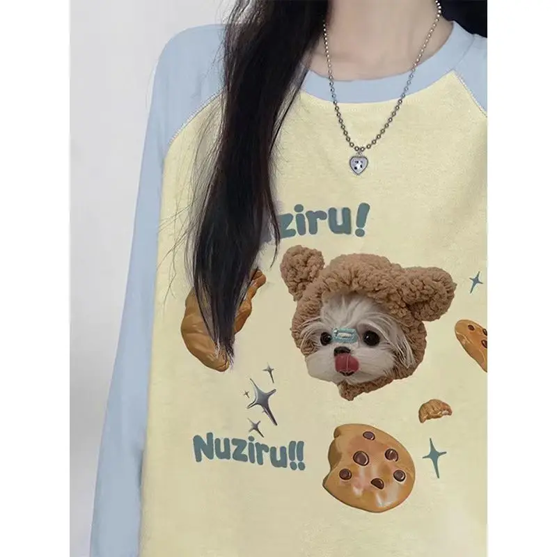 

2023 New Shoulder Raglan Salt Long Sleeve Animal Pattern Cute Campus T-shirt Top Loose Korean Version niche kawaii clothes