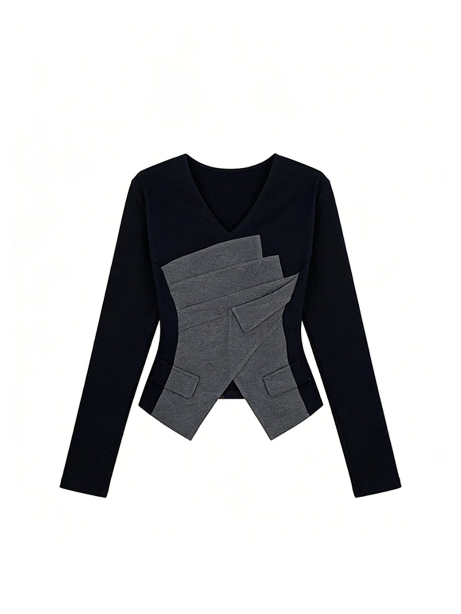 Women Black Gothic Emo Patchwork Y2k T-shirt Gyaru Tee Top 2000s Vintage Aesthetic Long Sleeve Oversize V-Neck T-shirts Clothes