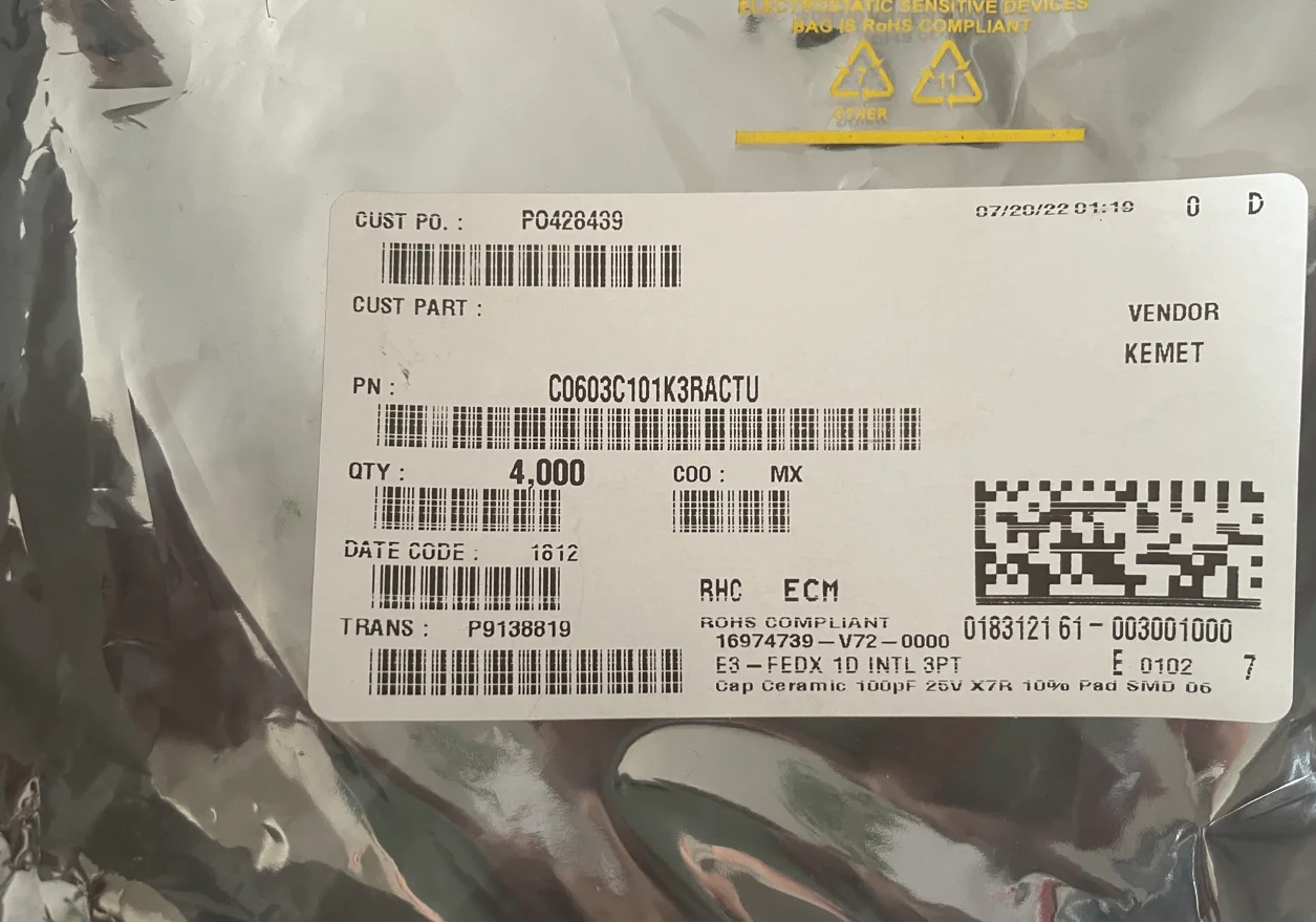 Capacitors C0603C101K3RACTU 0603 100pf 25V 10％ X7R KEMET C0603C101K 100% New Original come!!! 4000Pcs/Reel