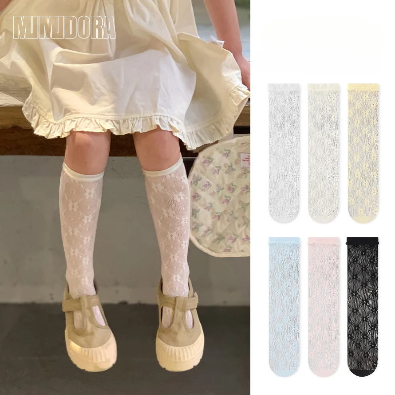 1 Pair Summer Mesh Socks for Kids Girl Solid Color Fashion Floral Children's Calf Sock Thin Breathable Elastic School Sock