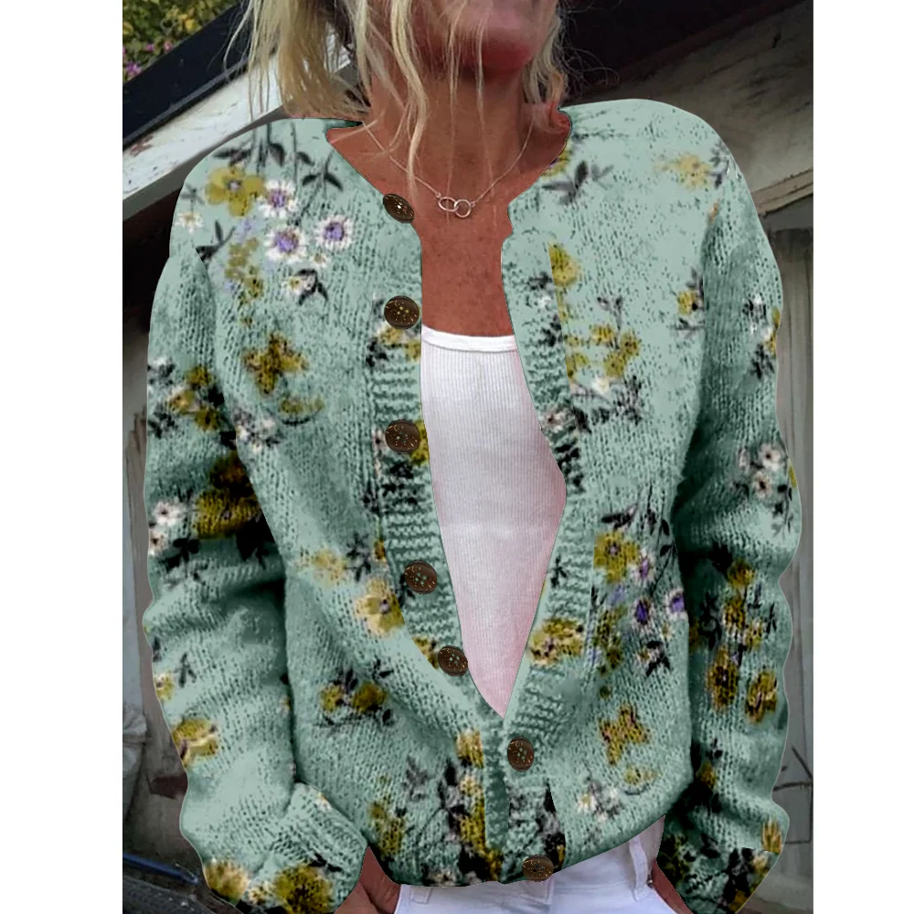 

Осень-зима вязаный кардиган с цветочным принтом, уличная одежда, женские свитера, крутой вязаный топ, повседневные джемперы, модные