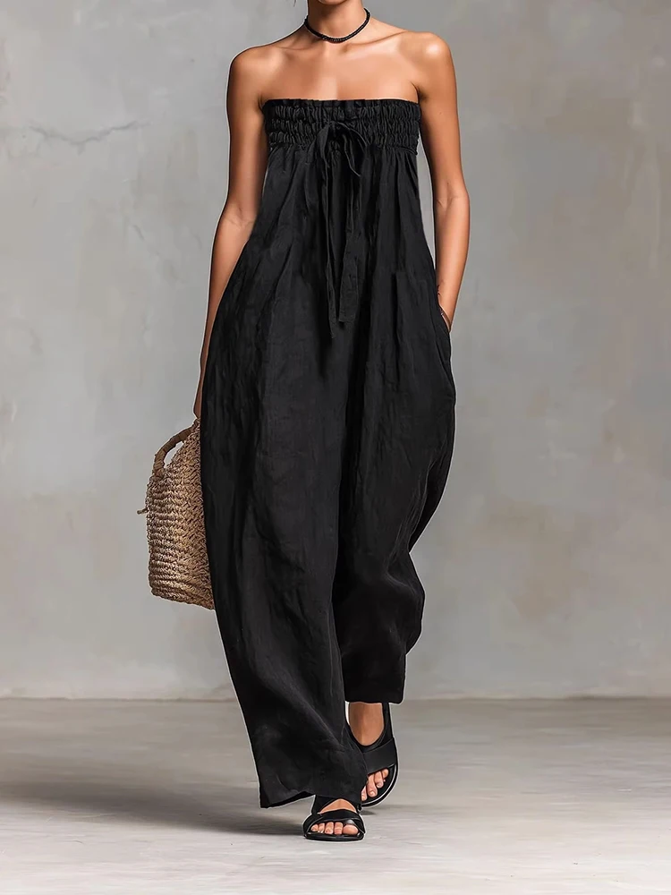 

Elegant Sexy Off Shoulder Backless Jumpsuit Woman Ruched Tie Strapless Romper Summer Sleeveless Loose Casual Beach Overalls