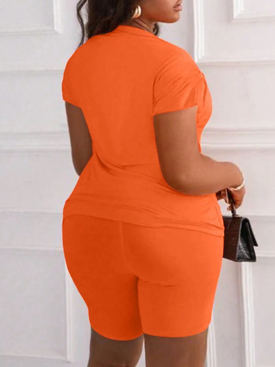 Set di t-shirt a maniche corte e pantaloncini da ciclista arancioni per donna, streetwear casual
