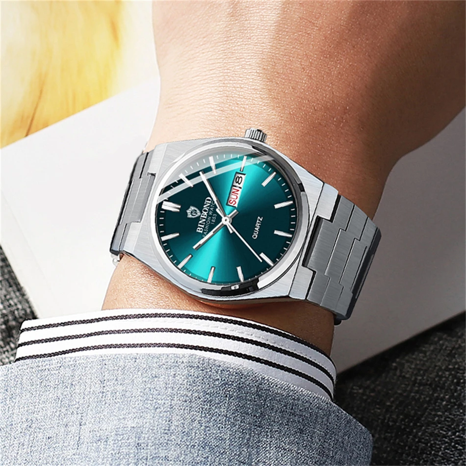 BINBOND جديد الرجال ساعة LED مضيئة مقاوم للماء تاريخ الأسبوع العسكرية رجل ساعة اليد الإلكترونية الفولاذ المقاوم للصدأ الكوارتز ساعات رجالية