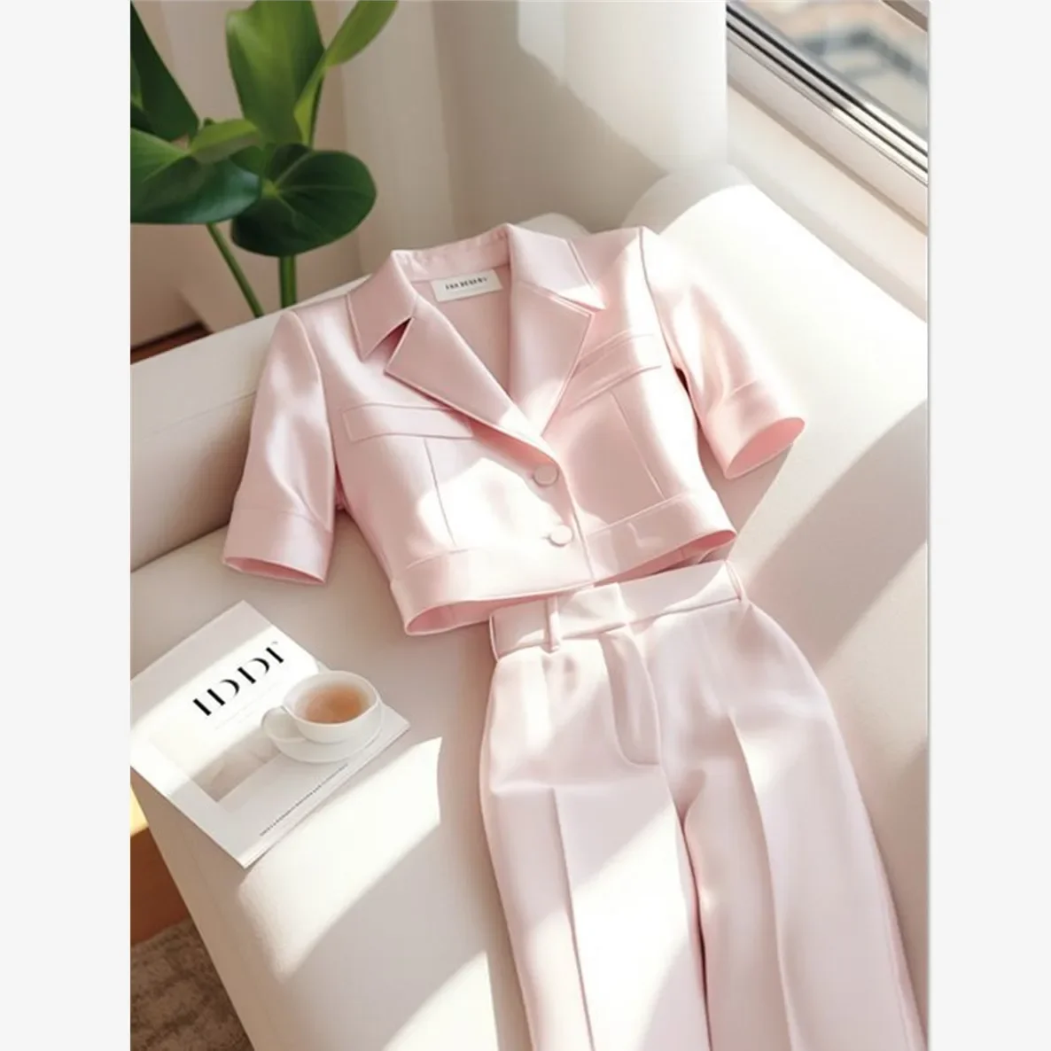 

New Korean Fashion Summer Two Piece Set Women Small Fragrance Lapel Short Sleeve Short Coat Crop Top + Straight Pants OL Suit