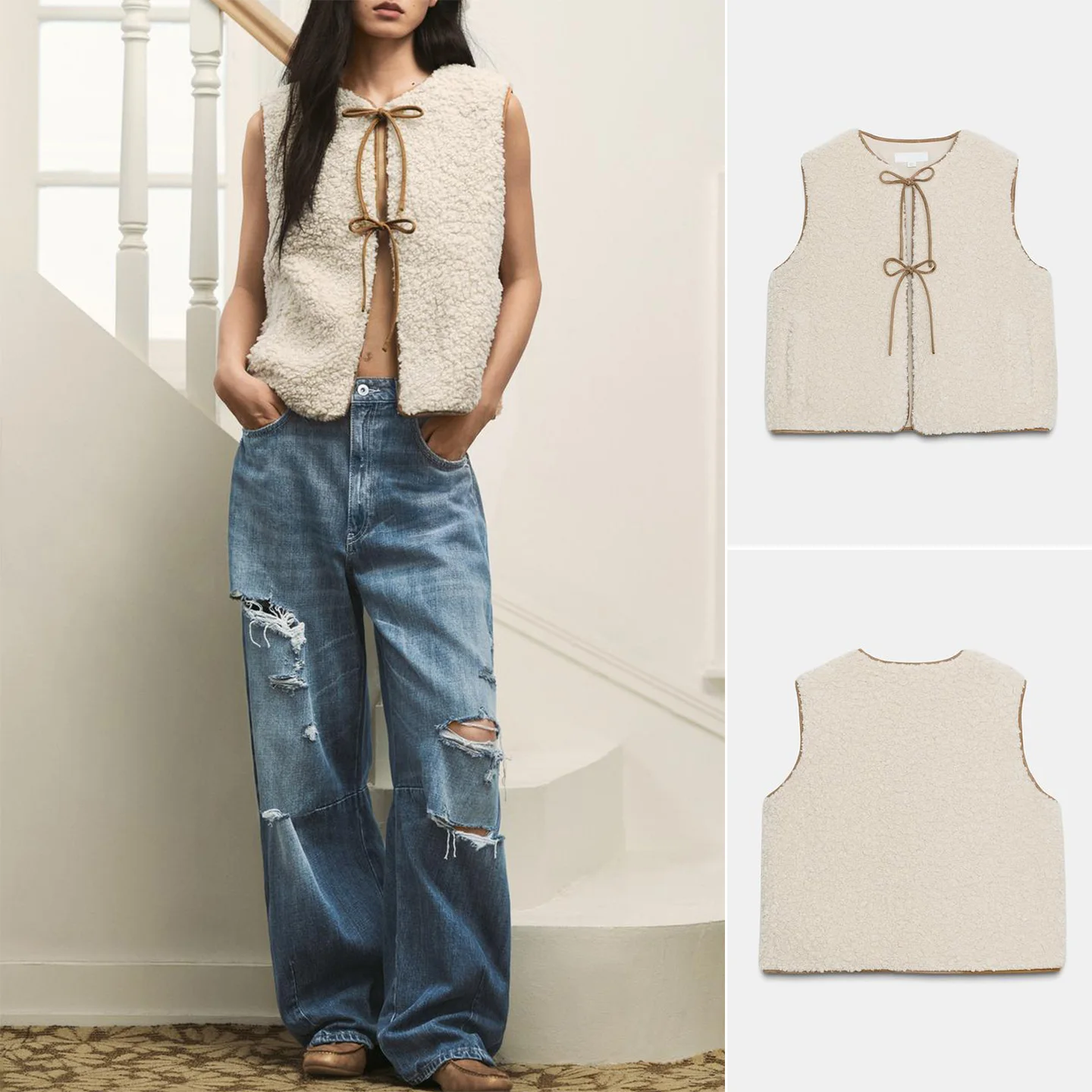 سترة نسائية جديدة للخريف بدون أكمام مع ياقة مستديرة ومزينة بعقدة فراشة من فرو الخروف، تصميم قصير بحمالات رفيعة