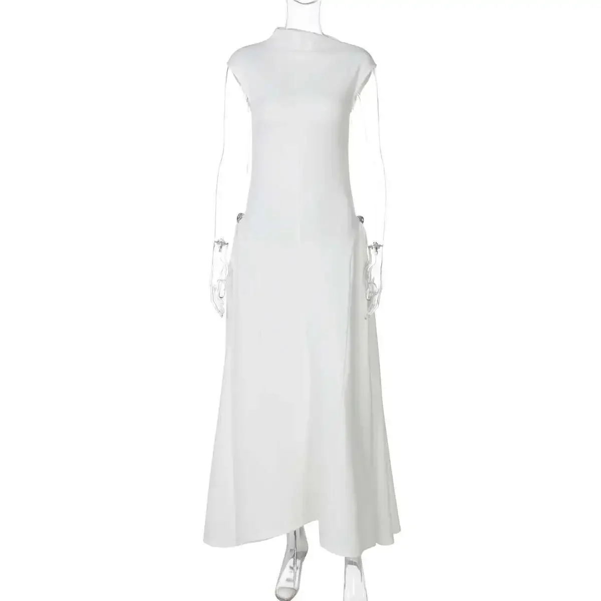 Sommerliches, neues, ärmelloses Damenkleid in Uni-Farbe, tailliert, lässiges Midikleid – Detail 19