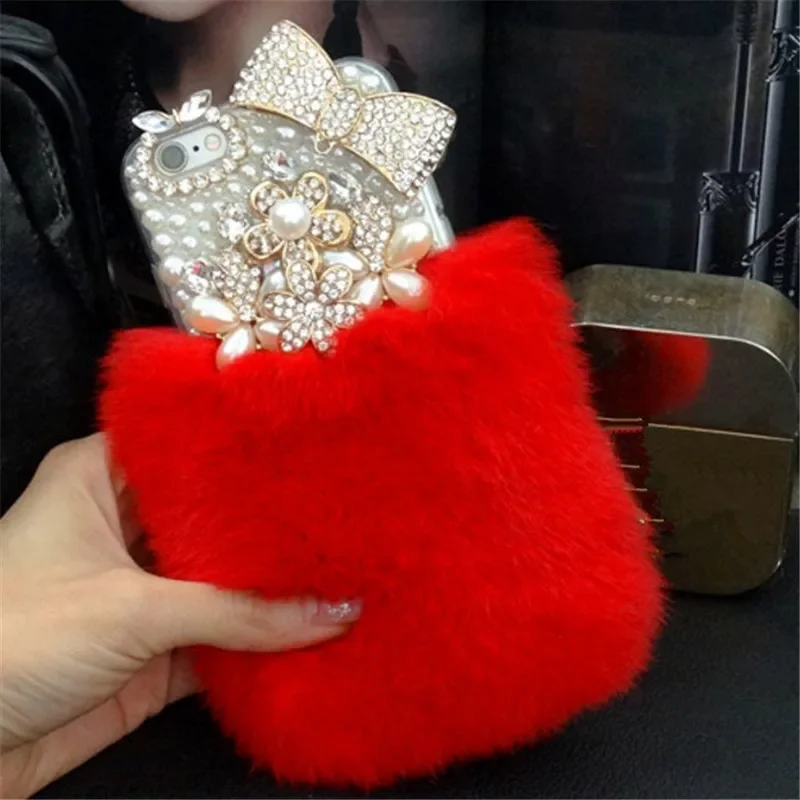 Luxury Bling Pearl Bowknot Flower Phone Case, Warm, Soft, Bear, Rabbit Fur,For iPhone 14, 13, 12, 15 Pro Max, XS, XR, 16 Plus