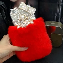 Luxury Bling Pearl Bowknot Flower Phone Case, Warm, Soft, Bear, Rabbit Fur,For iPhone 14, 13, 12, 15 Pro Max, XS, XR, 16 Plus