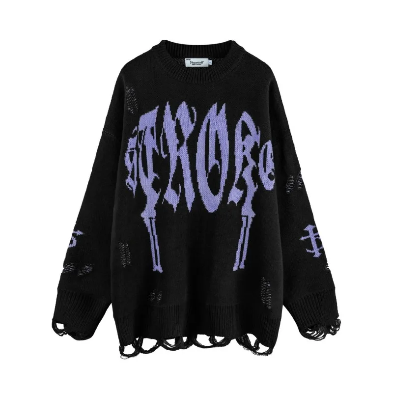 

Men's and Women's High Street Couple Loose Lazy Knitted Sweater Vintage Hole Gothic Pullovers Sweater Letter Jacquard