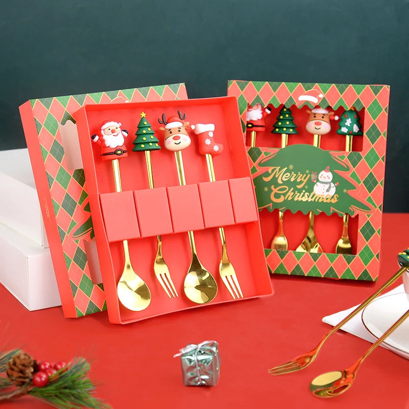 Christmas Coffee Spoons Forks Set  Merry Christmas Table Decor Dessert Scoop Fruit Fork Spoon Set xmas Gift decoration Supplies