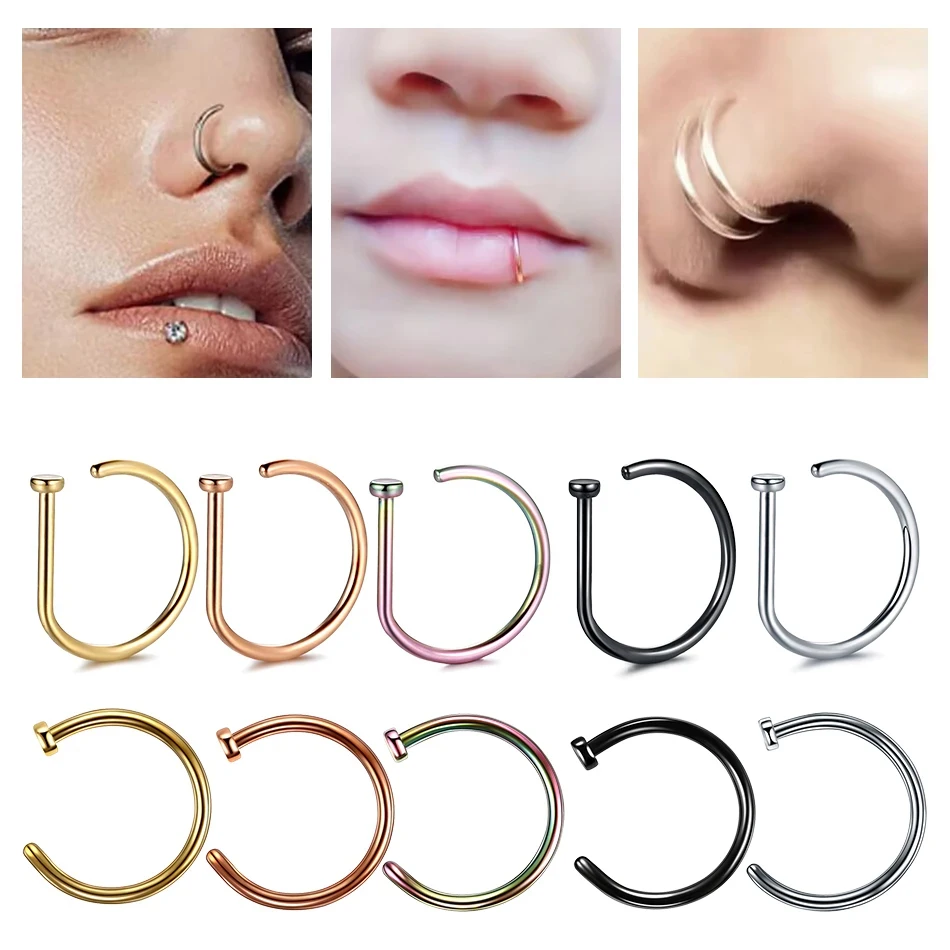 1PC Titanium 20G 18G Nose Ring Screw Hoop D Shape Nose Fake Clip Nostril Piercings Ear Cartilage Stud Jewelry for Women Men