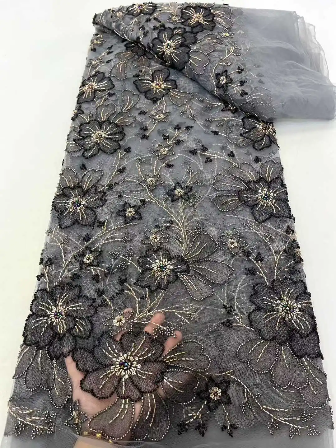 แอฟริกันผ้าลูกไม้Tulleผ้า 2025 ภาษาฝรั่งเศสคําสุทธิSequinsผ้าเย็บผ้าเย็บปักถักร้อยลูกปัดลูกไม้Tulleตาข่ายไนจีเรียชุด 5 หลา