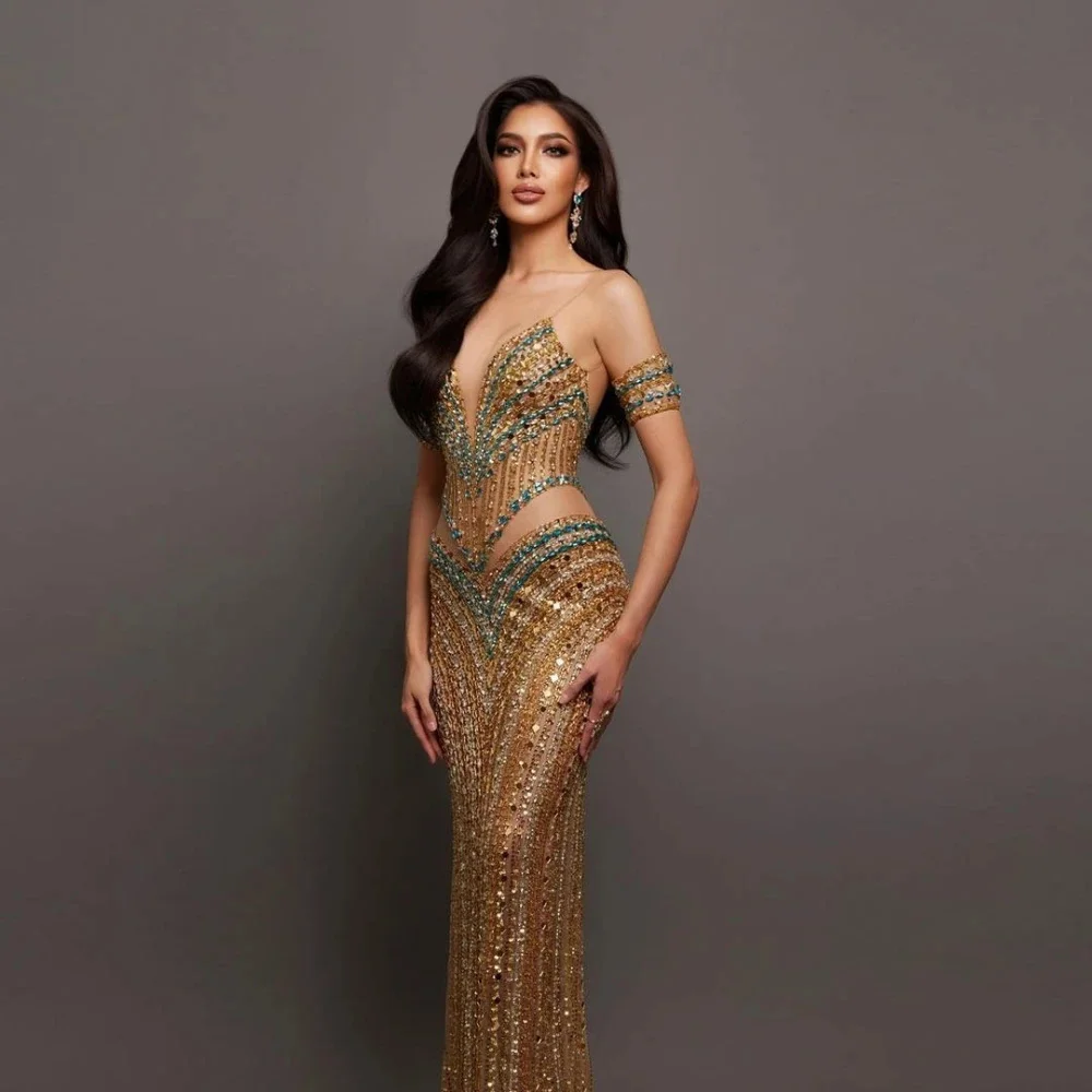 فساتين سهرة كلاسيكية مطرزة بأحجار الراين لامعة بدون أكمام فستان حورية البحر للحفلات الراقصة مخصص بطول الأرض كريستال للحفلات #2