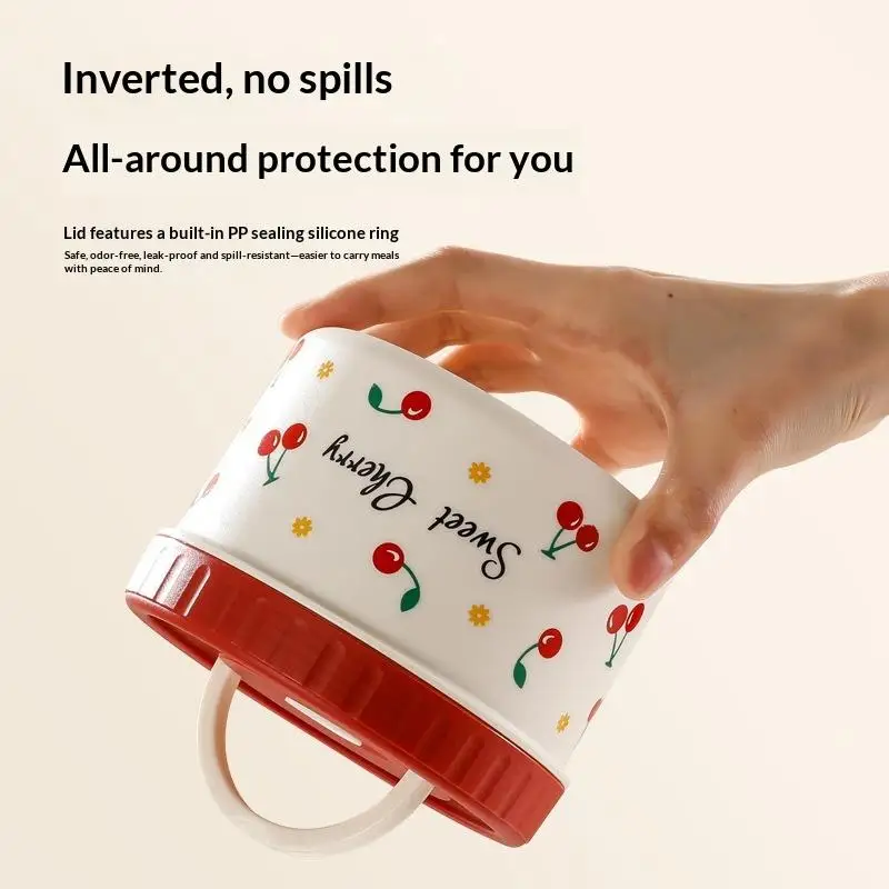1 PCS Microwave-Safe Stainless Steel Cherry-Print Lunch Box – Suitable For Students And Office Workers