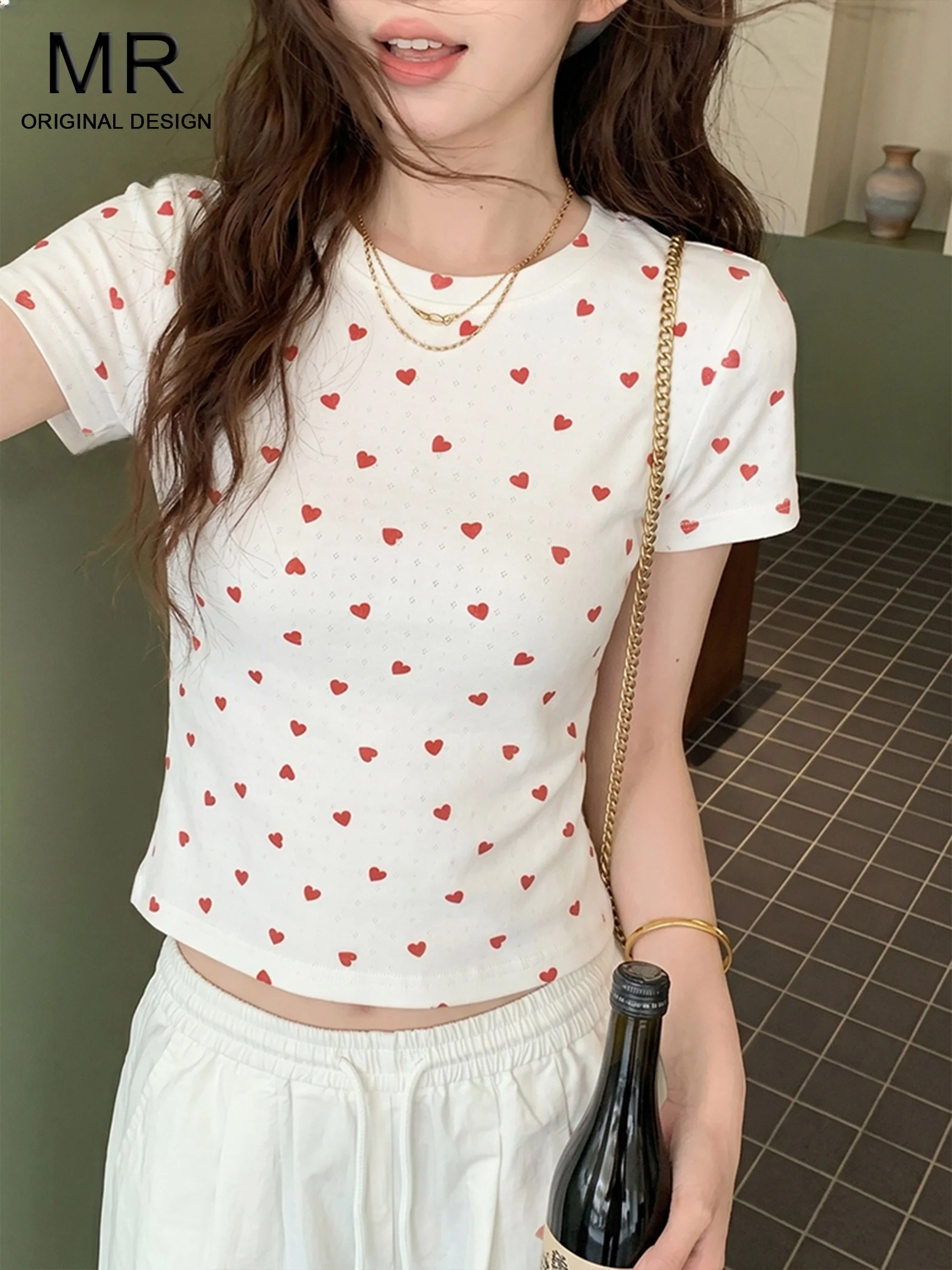 Korean Style Heart Print Polka Dot White Short Sleeve Women's T-Shirt Slim Fit Sweet Style Shoulder Level Top for Summer