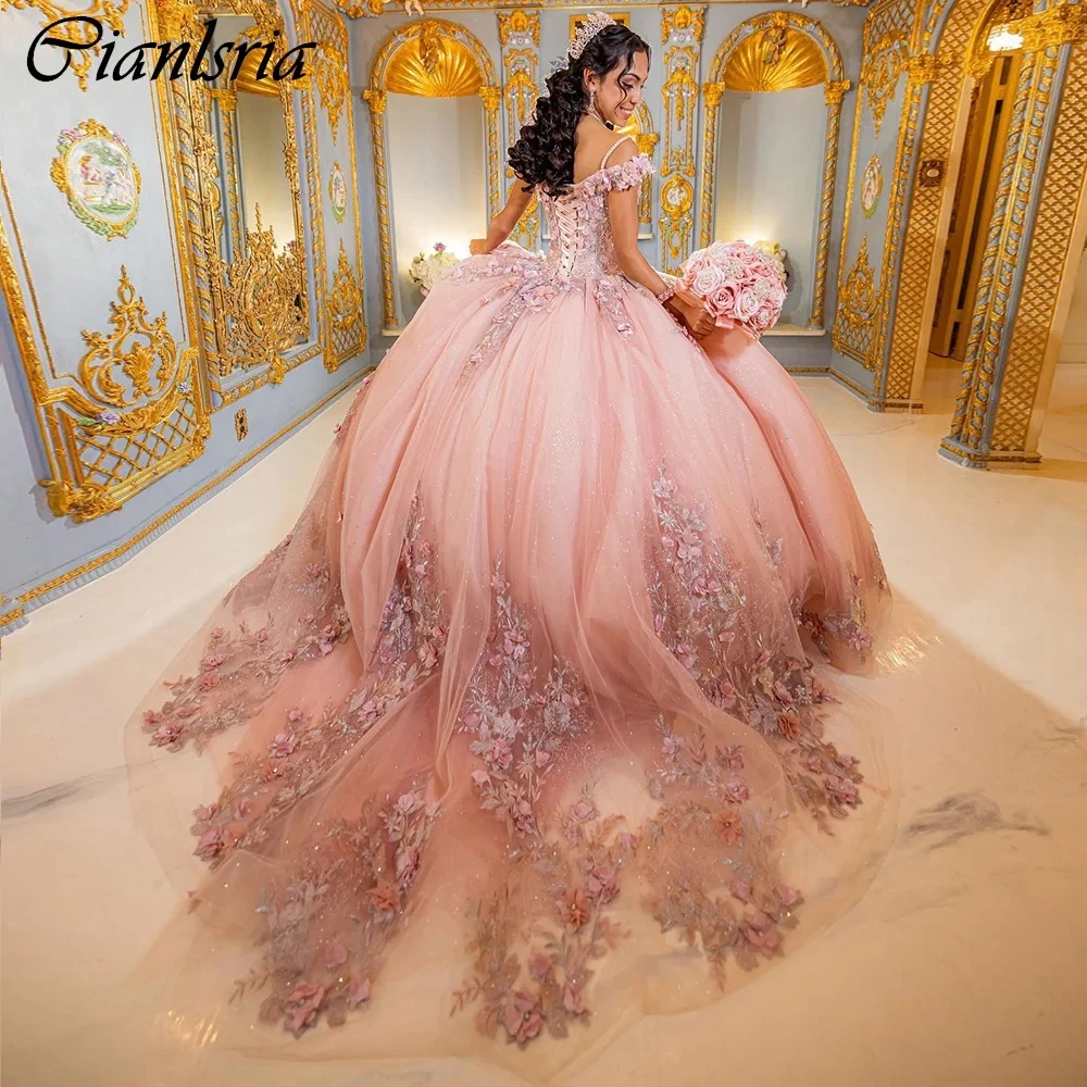 Rose Gold Spaghetti Strap Ball Gown Quinceanera Dresses 3D Flowers Appliques Lace Corset Vestidos De 15 Años