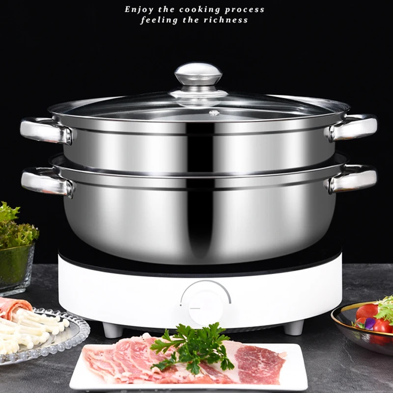 28CM Thick Double Soup Steamer Multi-purpose Pot Troops Hot Pot Stainless Steel Steamer Double Handle Household Outdoor Portable