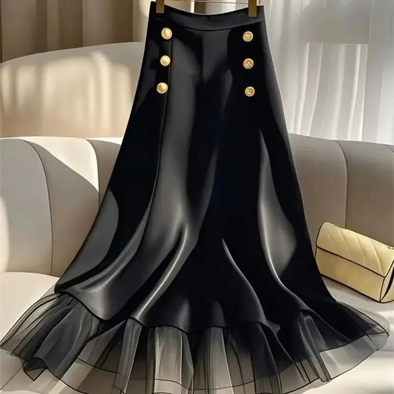 New High End Summer Satin Skirt Women Luxury Fashion Mesh Patchwork Double-Breasted A-Line Elegant Skirts Celebrity Party Jupe