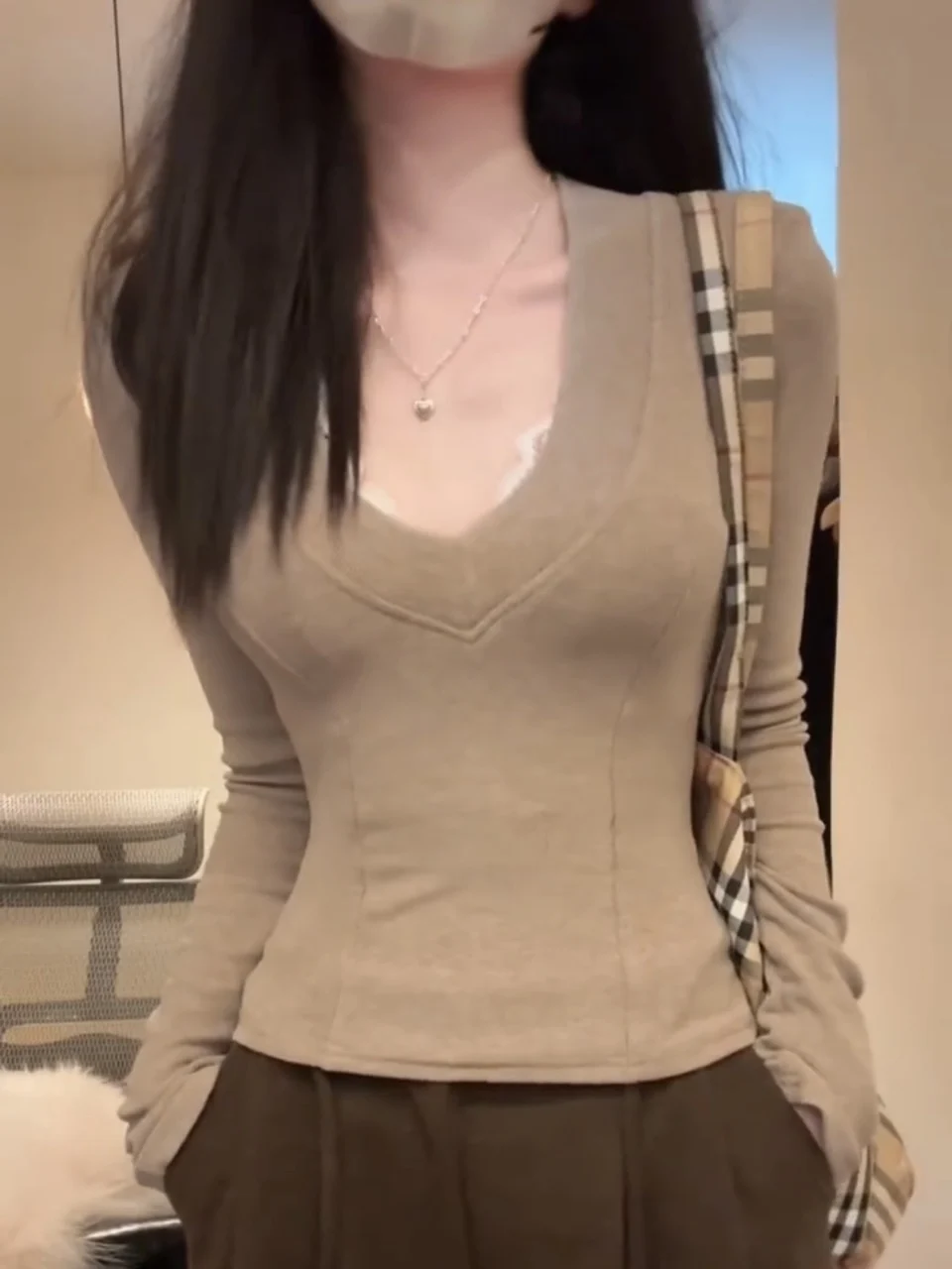 Retro American Elastic Long Sve Damen-T-Shirt für den Frühherbst, Pure Desire Fibone-Muster, schmale Passform, Innenbekleidung, Oberteil