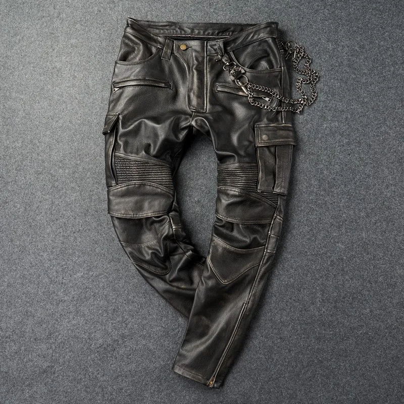 

Motorcycle Riding Pants Leather Men's First Layer Cowhide Cargo Pants Vintage Multi Pocket Genuine Leather Pants
