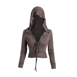 Casual Lace Up Hooded Crop Top Fashion Women V Neck Crossover Tie Knot Long Sleeve Heathered Corp Coat