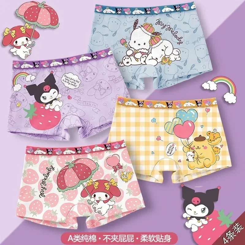 Anime Kawaii Sanrio Cotton Boxers para crianças, cueca fofa, My Melody Pochacco Shorts, calças de bebê, presentes para crianças, 4pcs