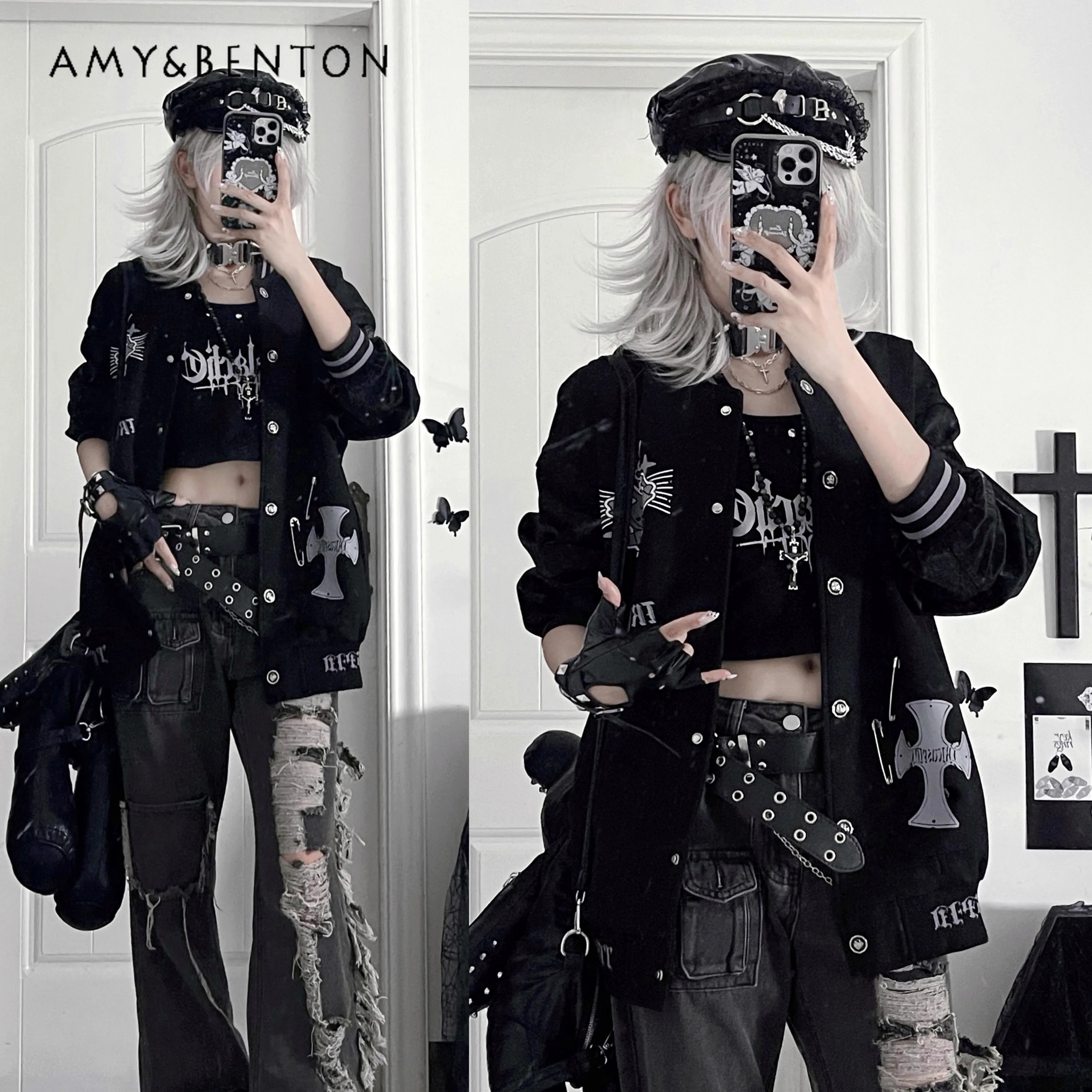 Original American Vintage Embroidered Jacket High Street Letter Cartoon Print Long Sleeve Baseball Jacket Autumn New Goth Coat