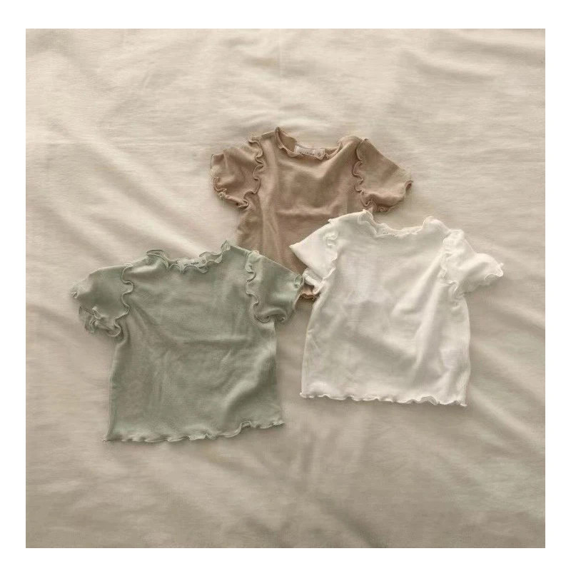 T2463 Girls Summer Wooden Edge Trim Versatile Base Shirt Solid Color Top for Babies
