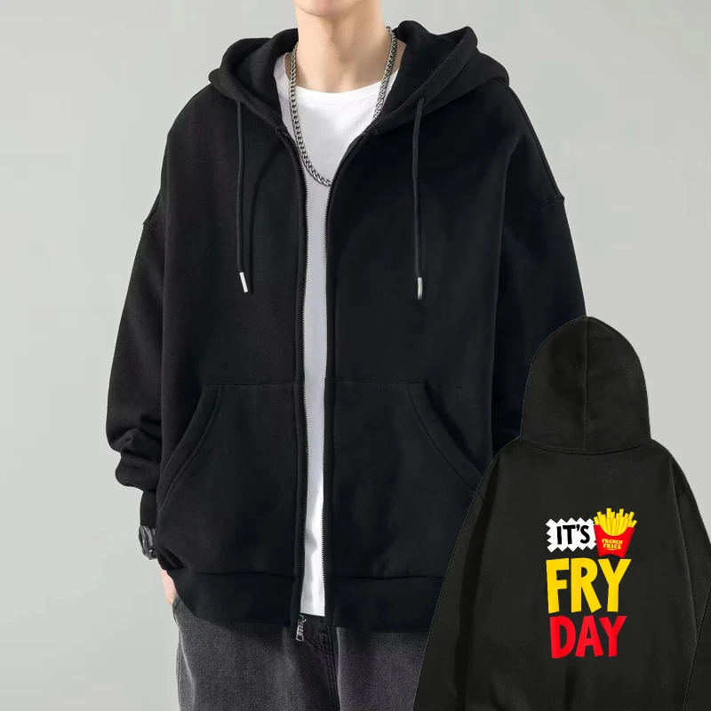 

Mens Hooded Jacket Black FRY DAY Printed Pattern Casual Streetwear Hoodie for Daily Wear and Outdoors