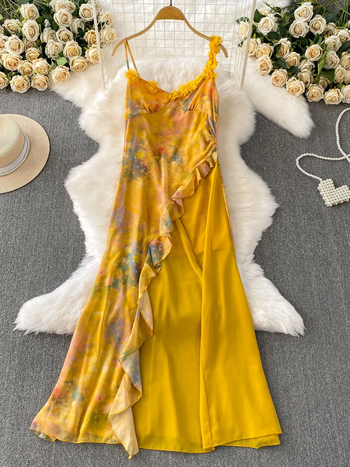 Impresionante Vestido Único 3D Floral Tie Dye de Vacaciones para Mujer con Tirantes, Falda Larga de Cintura Alta, Línea A, Ve...