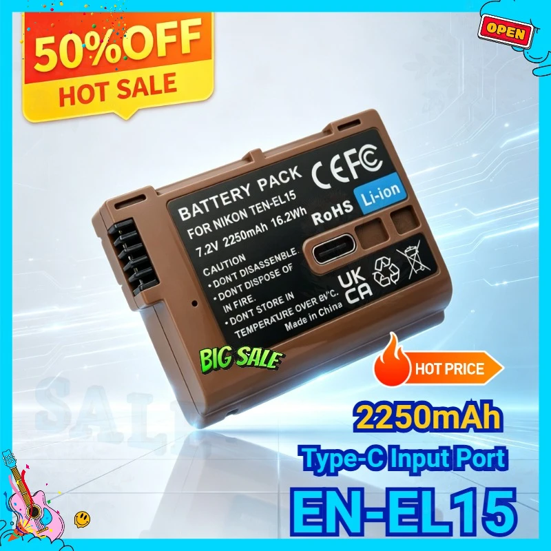 2250mAh EN-EL15 EN-EL15C T-EL15 ENEL15 Battery Type-C Input Port for Nikon Z8 Z5 Z6 Z6 II Z7 Z7II D780 D800 D850 D600 D500 D7500