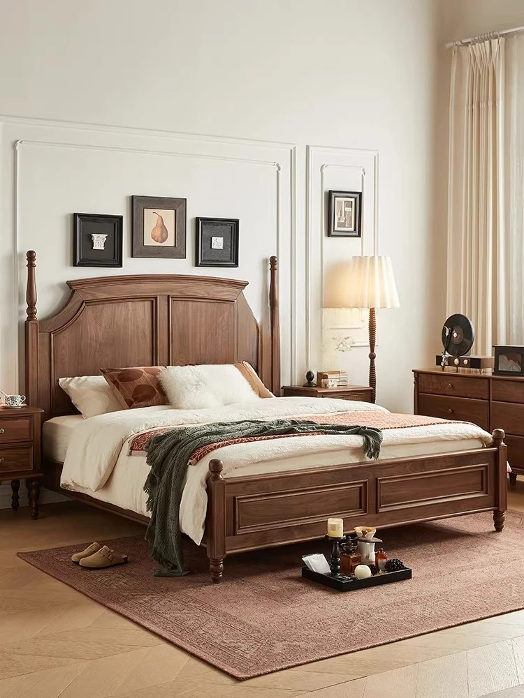 American solid wood bed, simple, retro double bed, French bedroom medieval