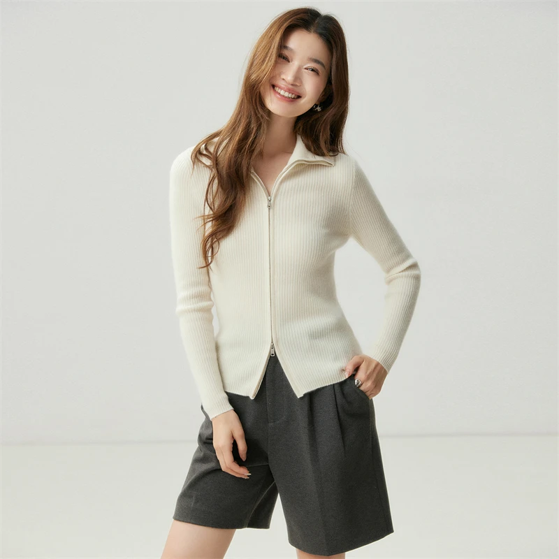 Autumn Winter Women 100% Pure Cashmere Rib‑Stitch Double‑Zipper Turn‑Down Collar Slim‑Fit Cardigan Minimalist Commuter Outfit
