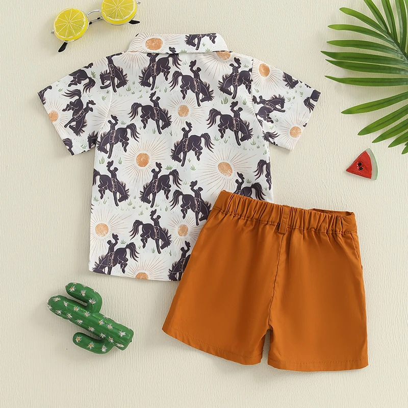 Toddler Boy Gentleman Outfit Western Print Button up Shirt with Bow Tie and Elastic Shorts Set for Children Formal Wear