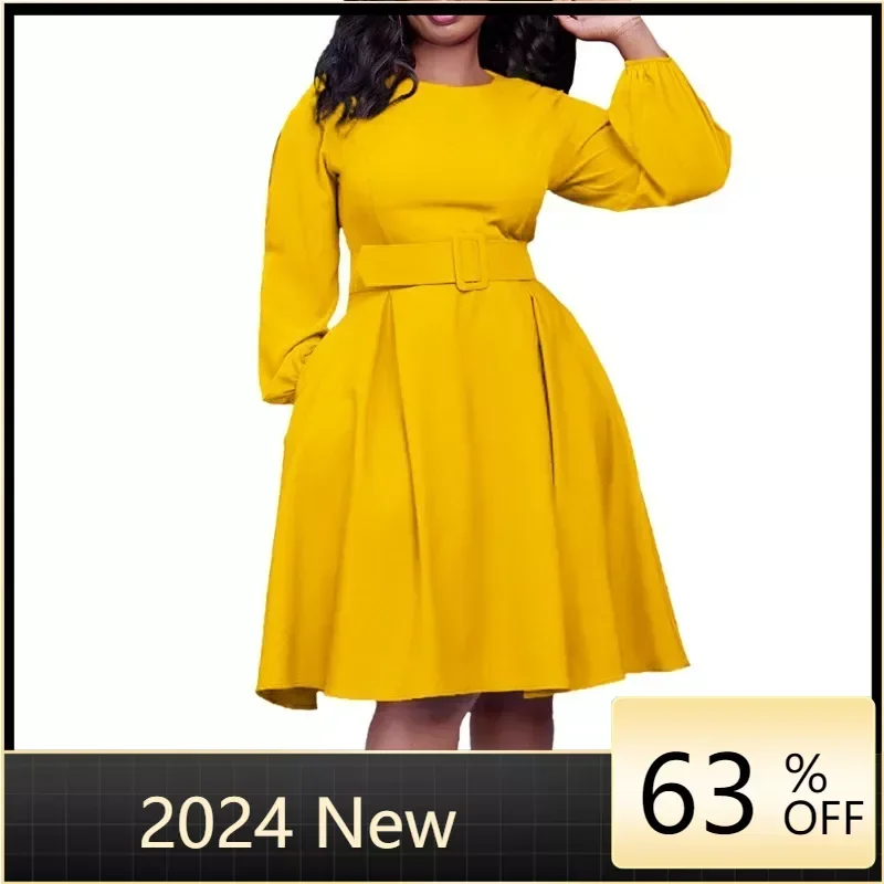 

Autumn Fashion Elegant A-line Dress African Women Casual OL Solid Round Neck Long Sleeve Belt A-line Dress Women