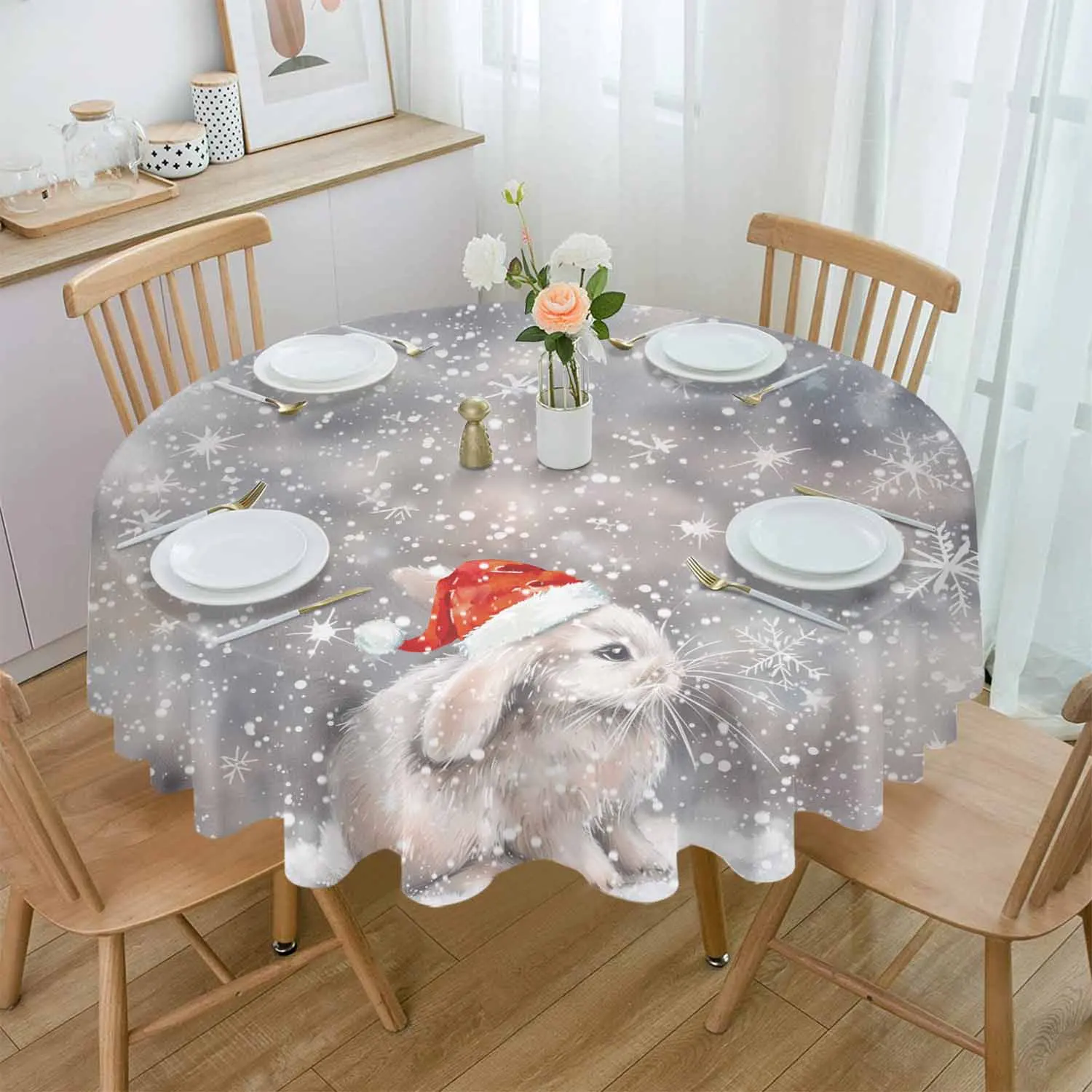 Christmas Winter Snowy Rabbit Waterproof Tablecloth Table Decoration Wedding Home Kitchen Dining Room Round Table