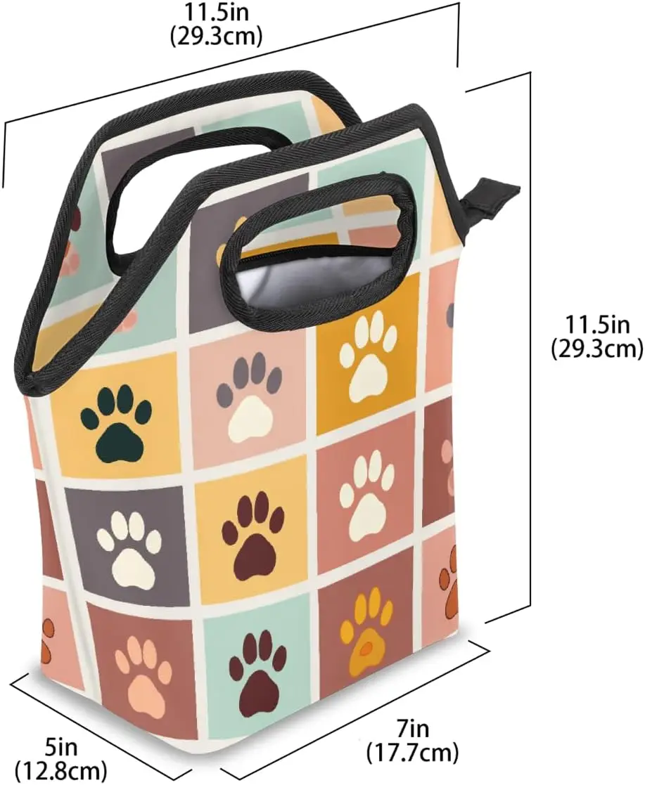 Lunch Bag Box Colorful Dog Cat Paw Print Plaid | Waterproof, Zipper, Leakproof, Lunch Tote Bags for Kids Girls Boys Women Men