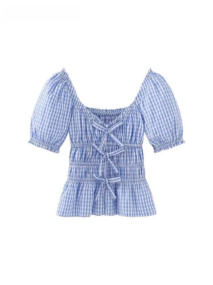 

La Chapelle Sweet Pure Desire Sle Slim Fit irt ort Sve Женский летний топ в клетку с узлом в корейском стиле Bubble...