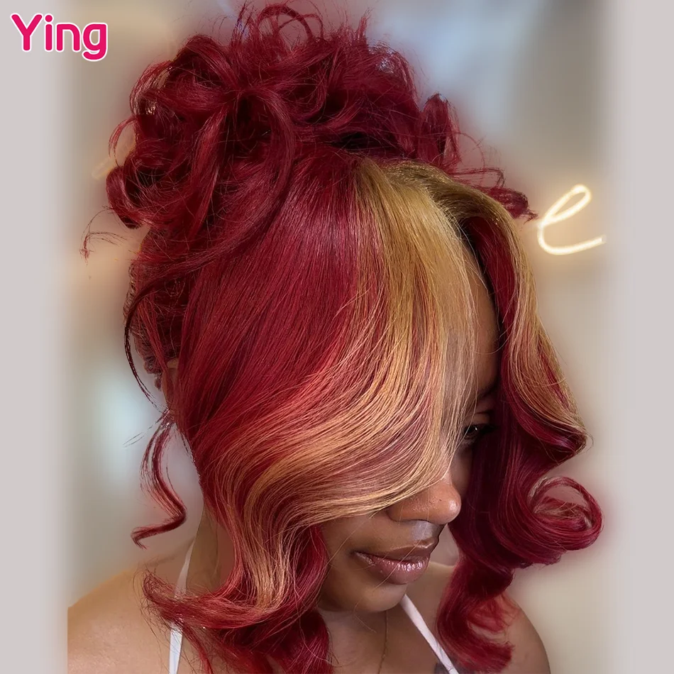 Ying Cherry Red Mixed Honey Blonde 200% Body Wave 13x4 Lace Front Wig PrePlucked With Baby Hair 13x6 Transparent Lace Front Wig