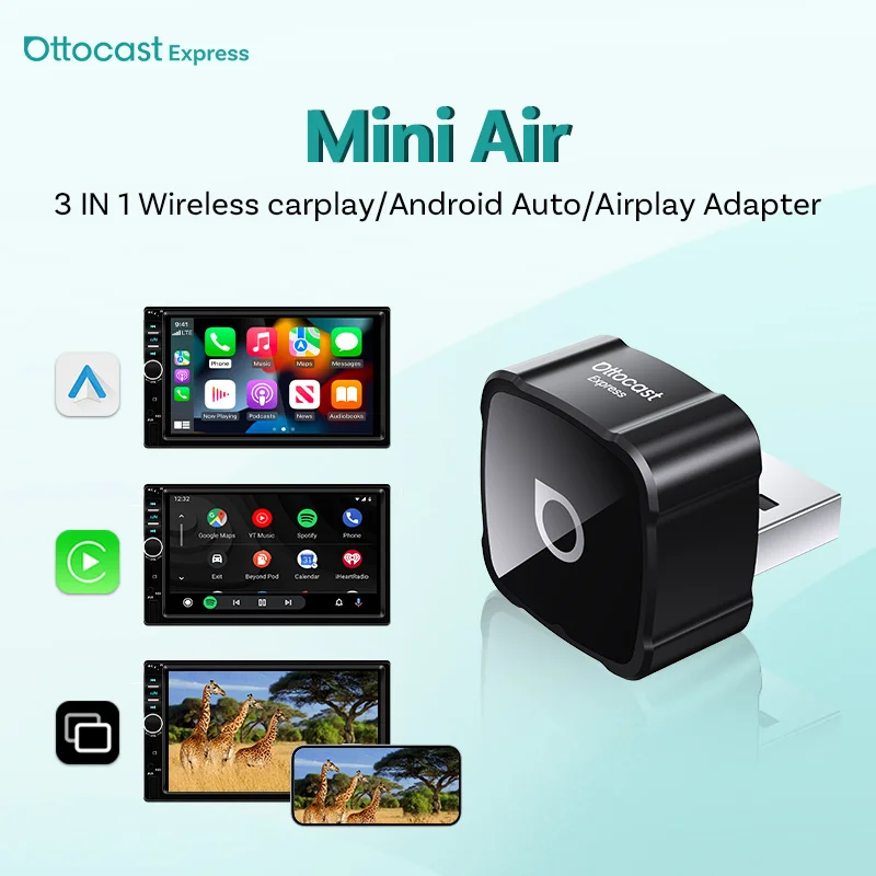 

Адаптер OTTOCAST 3 в 1 Mini Air Wireless CarPlay Android Auto для беспроводного зеркалирования экрана автомобиля, YouTube, TikTok, Airplay для iOS.