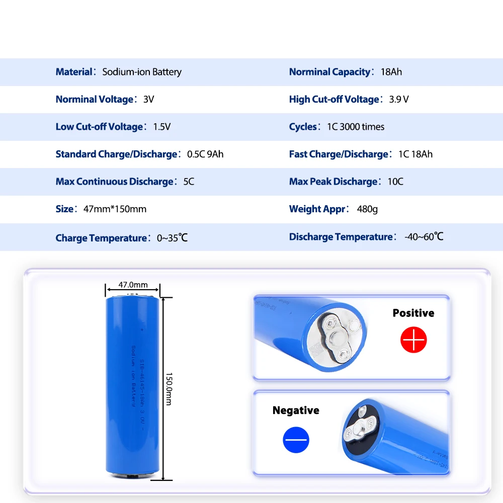 New 3V 18Ah Sodium-ion Rechargeable Battery 3000  Deep Cycle low-temperature cell Perfect for Wheel Emergency Lights Power