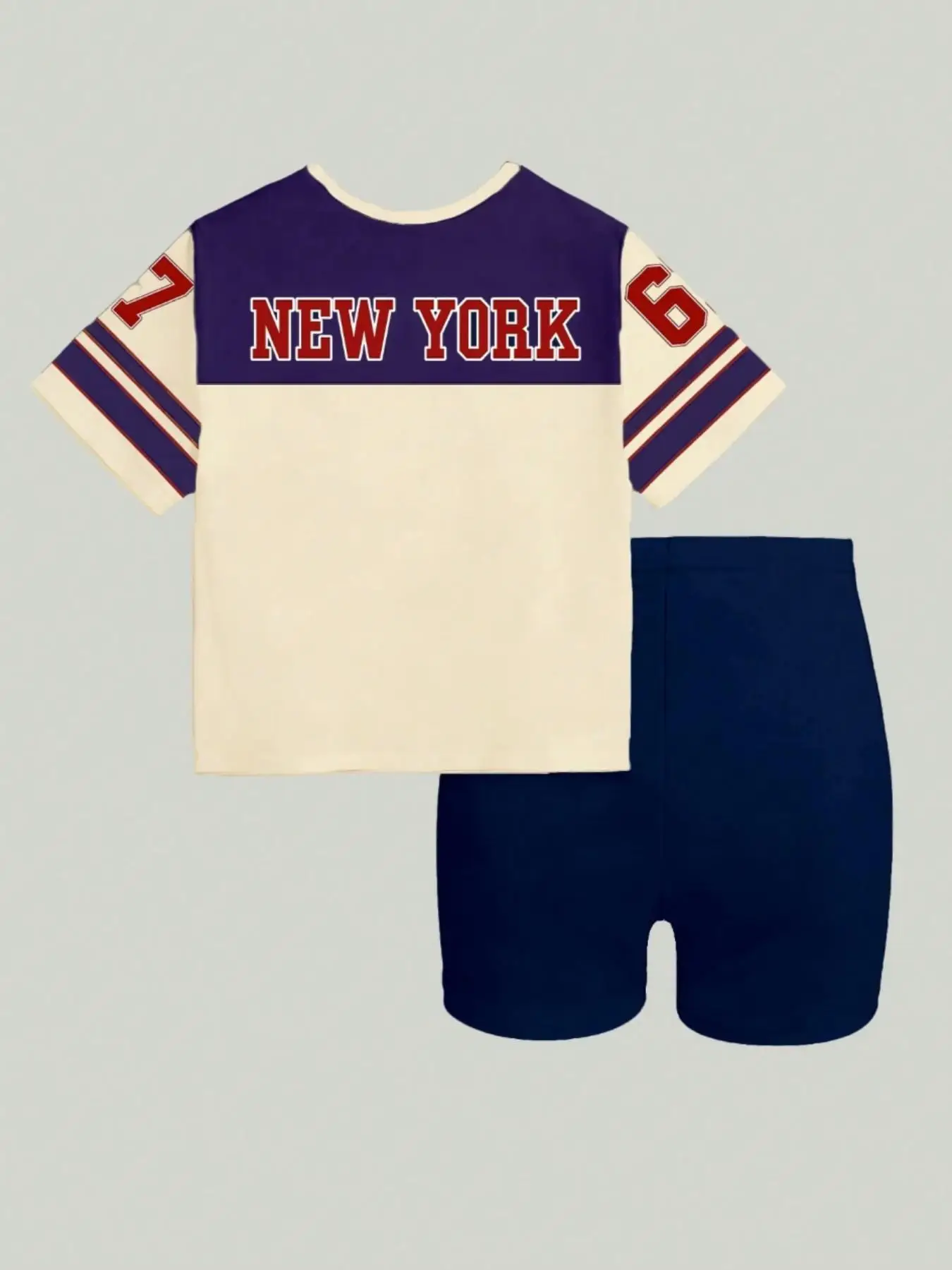 Girls' Summer Casual Outfit Children's New York+67 Digital Print Color-Blocking Girls' Sporty Style Set, Regular Short-Sleeve Top + Tight Shorts Two-Piece Set Suitable for Girls Aged 4-12